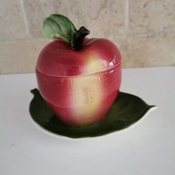 Vintage ESD Japan Apple Shaped Jam Jar Lidded Honey Pot Ceramic Lefton Leaf - Picture 3 of 8